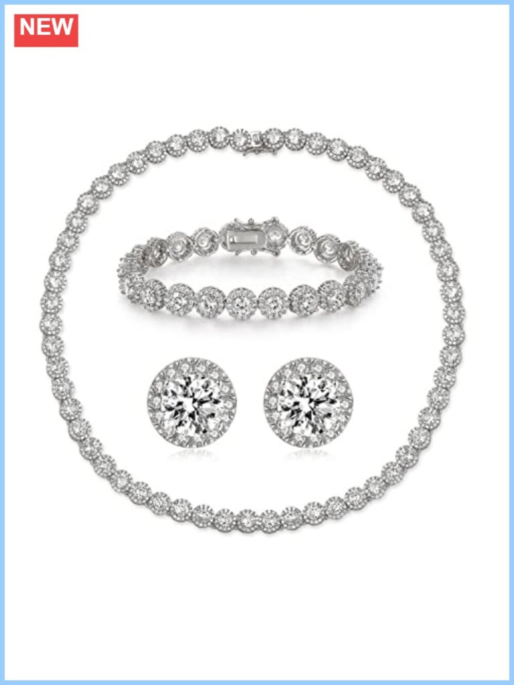 18K White Gold Plated CZ Tennis Necklace Bracelet Earrings Jewelry Set